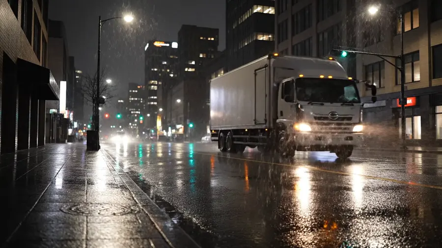雨の夜の街をトラックが走っていく、失敗した動画の1コマ